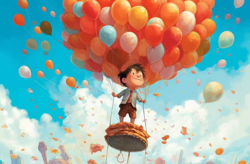 氢气球飞行装置一个小孩子在气球世界中欢乐的过儿童节欢乐背景插画,插画/手绘图,插画/手绘图库,插画/手绘图下载,插画/手绘